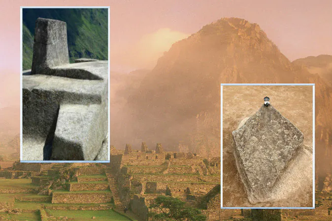 Background: The Incan ruins of Machu Picchu in Peru. Left: The Intihuatana stone at Machu Picchu, the name of which means "Hitching post of the sun," is a precise indicator of the equinoxes and other celestial periods, according to Florida International University. Right: A stone at Machu Picchu that points south and is said to represent the Southern Cross constellation. (All images via Thinkstock)