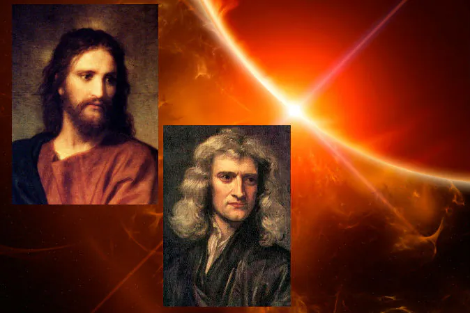 A depiction of Jesus (L) painted by Heinrich Hofmann, and a portrait of Sir Isaac Newton (R), painted by Godfrey Kneller in 1689. (Background concept image via Thinkstock)