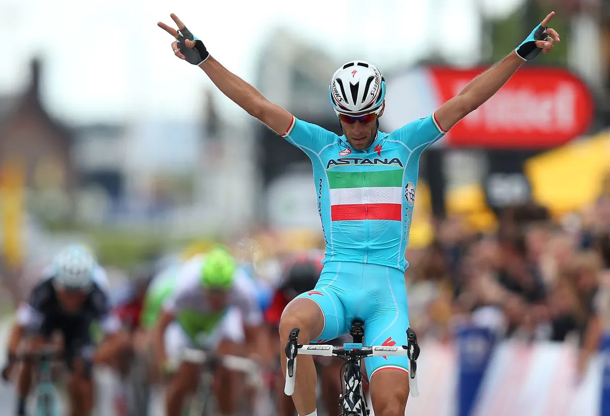 Vincenzo Nibali of Astana crosses the line to win Stage Two of the 2014 Tour de France, a 201-km stage between York and Sheffield, on July 6, 2014 in Sheffield, England. (Bryn Lennon/Getty Images)