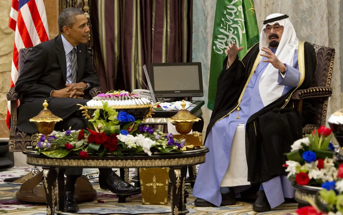 President Barack Obama (L) meets with Saudi King Abdullah at Rawdat Khurayim, the monarch's desert camp 35 miles northeast of Riyadh, on March 28, 2014. (Saul Loeb/AFP/Getty Images)