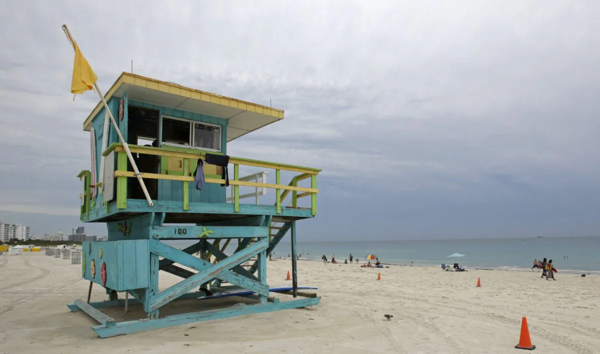 A medium hazard flag warns beachgoers to be cautious of moderate surf and currents, in Miami, on July 1, 2014. (AP Photo/Alan Diaz)