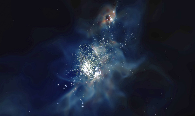 A zoom-in of the most massive dwarf galaxy in the simulation when the universe was only 700 million years old. This galaxy only has 3 million solar masses in stars, compared to 60 billion solar masses in our Milky Way. (Georgia Tech)
