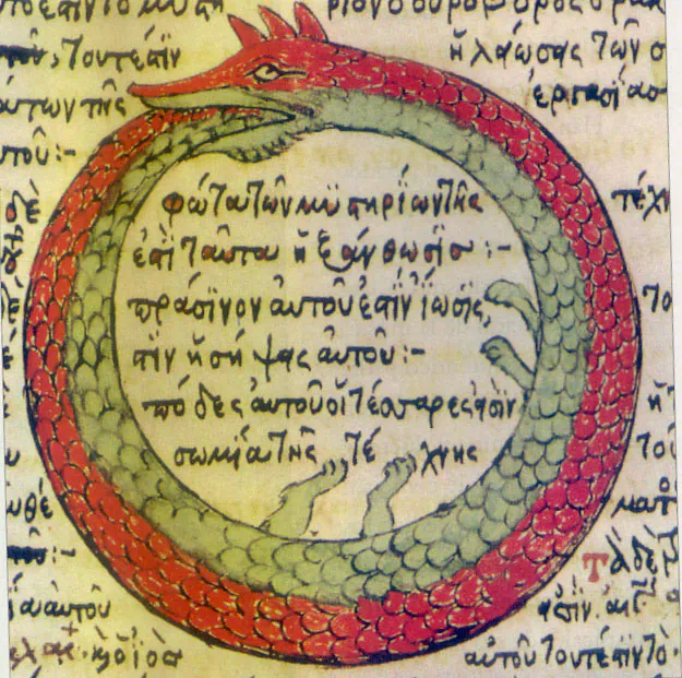 Ouroboros (Serpiente alquimica) drawing from a late medieval Byzantine Greek alchemical manuscript. (Public Domain)
