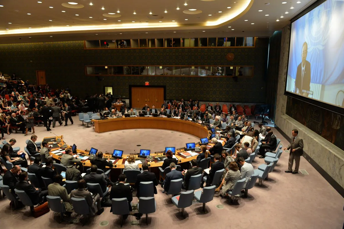 United Nations Secretary General Ban Ki-moon (on screen) addresses the Security Council at UN headquarters in New York about the situation in Gaza on a video link from Ramallah, West Bank, on July 22, 2014. (Stan Honda/AFP/Getty Images)