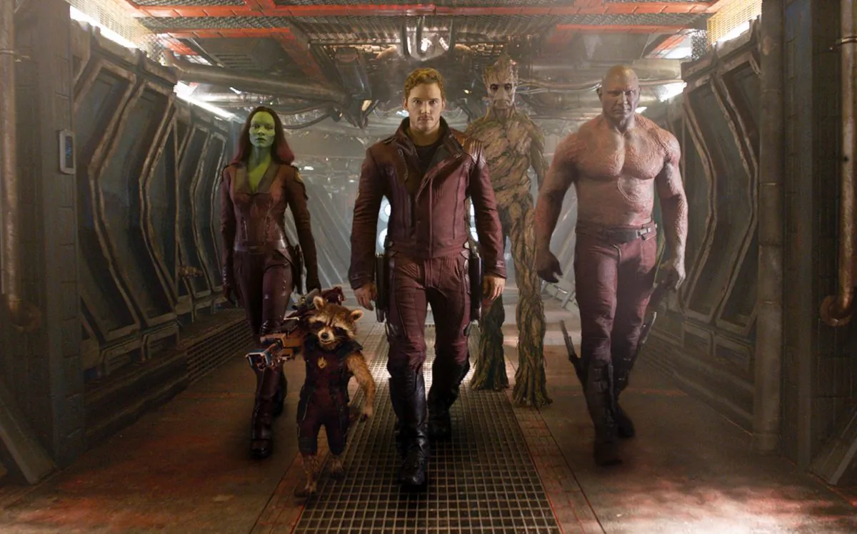 This image released by Disney-Marvel shows: (L-R) Zoe Saldana, the character Rocket Racoon, voiced by Bradley Cooper, Chris Pratt, the character Groot, voiced by Vin Diesel and Dave Bautista in a scene from "Guardians of the Galaxy." The movie releases on Friday, Aug. 1, 2014. (AP Photo/Disney, Marvel)