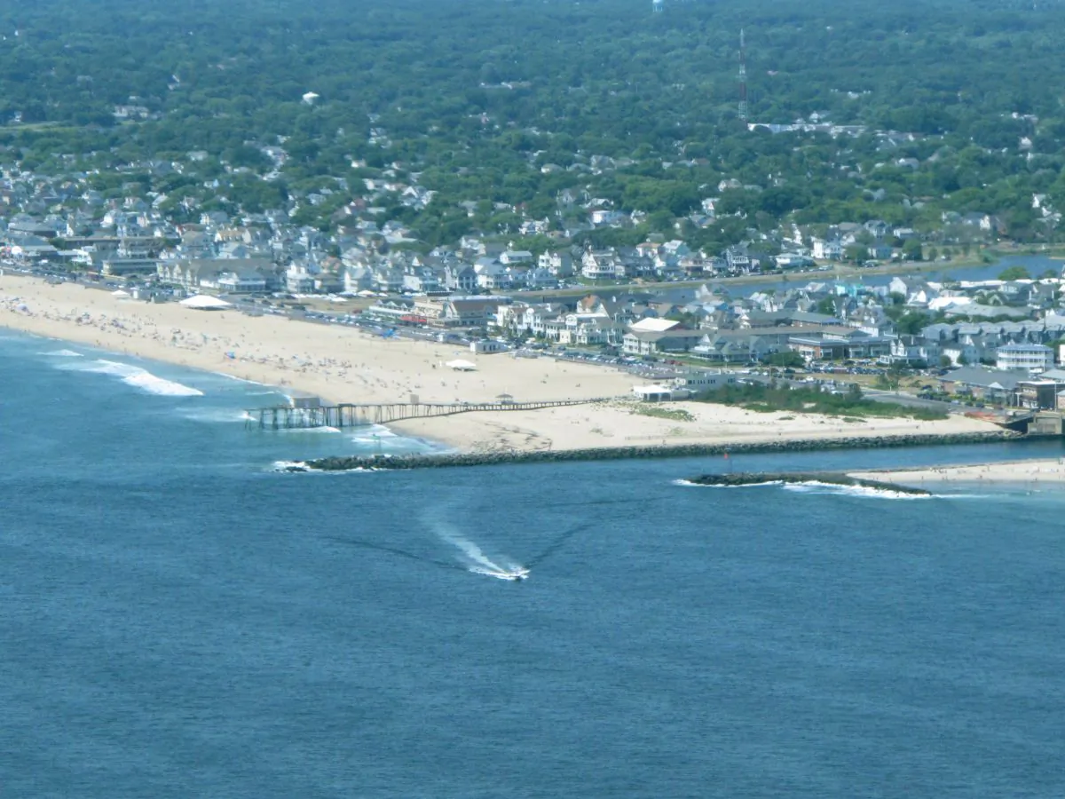 The Shark River Inlet in Belmar, N.J., July 11, 2014. Since the federal Environmental Protection Agency ended its flights along the coast this year, the New Jersey DEP is the only agency that does aerial pollution checks along the Jersey shore. (AP Photo/Wayne Parry)
