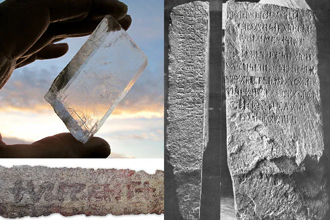 Top left: Iceland calcite, possibly the Icelandic medieval sunstone used to locate the sun in the sky when obstructed from view. (ArniEin via Wikimedia Commons) Right: Images of the two carved faces of the Kensington Rune-Stone, from George Flom's book "The Kensington Rune-Stone: An Address," taken in 1910. (Illinois State Historical Society via Wikimedia Commons) Bottom left: An Ulfberht sword displayed at the Germanisches Nationalmuseum, Nuremberg, Germany. (Martin Kraft via Wikimedia Commons)