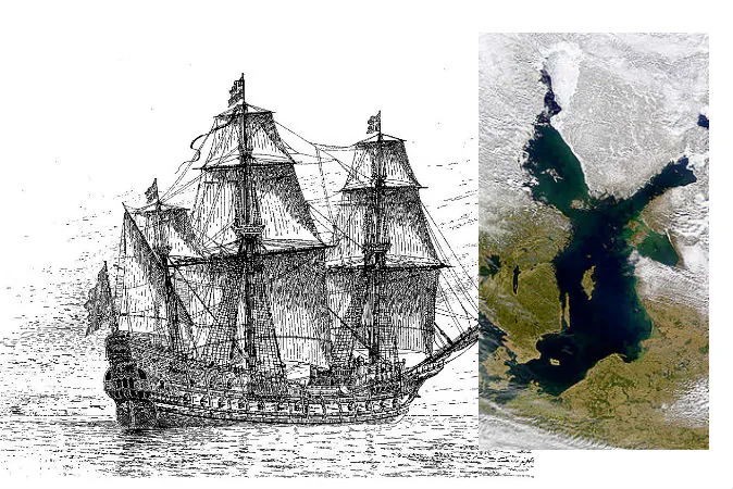 A drawing of the Swedish warship Mars, also known as the Makalös (Peerless), which was constructed between 1563 and 1564. The drawing is by Jacob Hägg. An image of the Baltic Sea where the ship went down. (Wikimedia Commons)