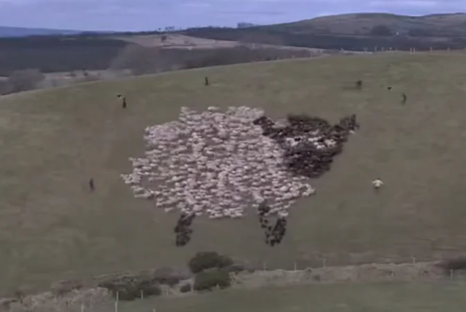 A sheep made of sheep: a flock of sheep is herded into  the image of a giant sheep. (Screenshot via Youtube/Baaastuds)
