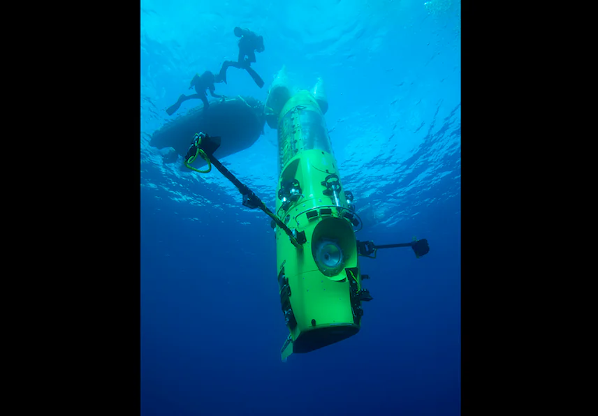 Director James Cameron descends to the bottom of the sea in the Deepsea Challenger in “Deepsea Challenge 3D.” (National Geographic)