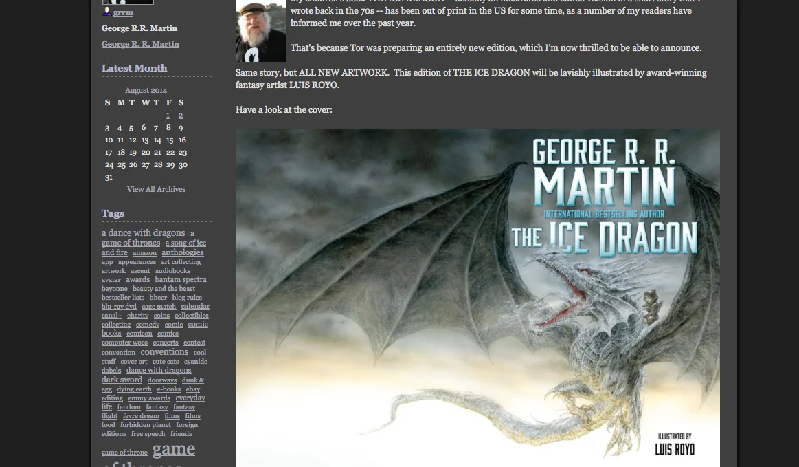 Screenshot of author George R. R. Martin's blog where he announced that he will be re-releasing the children's novel "The Ice Dragon." 