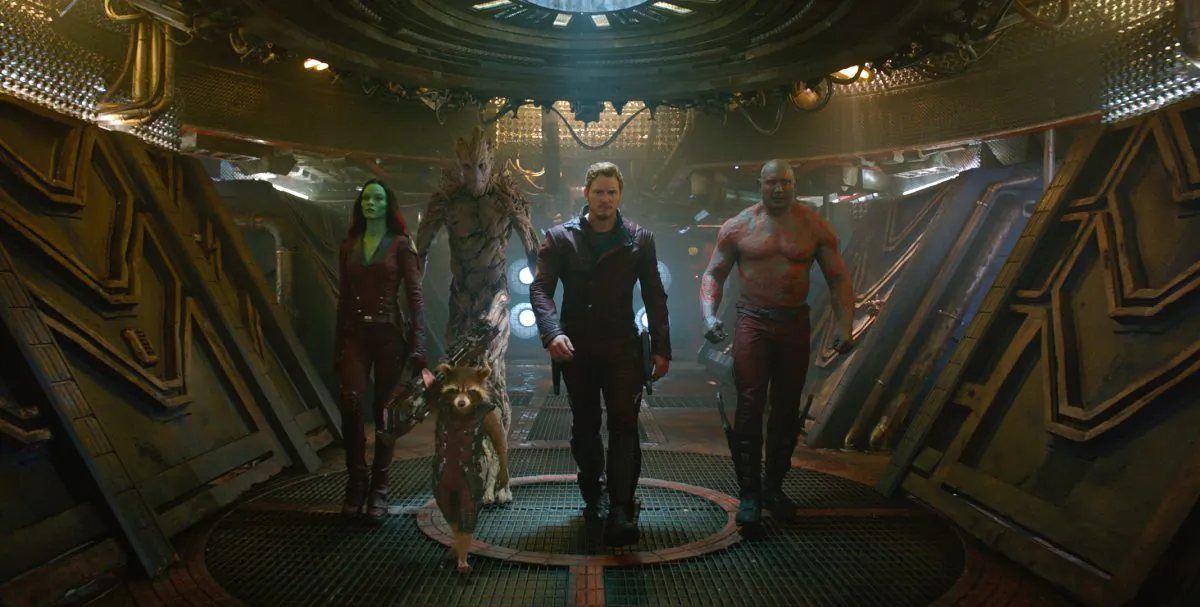 L to R: Gamora (Zoe Saldana), Rocket (Voiced by Bradley Cooper), Groot (Voiced by Vin Diesel), Star-Lord/Peter Quill (Chris Pratt) and Drax (Dave Bautista) in a screen still from this summer's blockbuster "Guardians of the Galaxy." (Film Frame/Marvel)