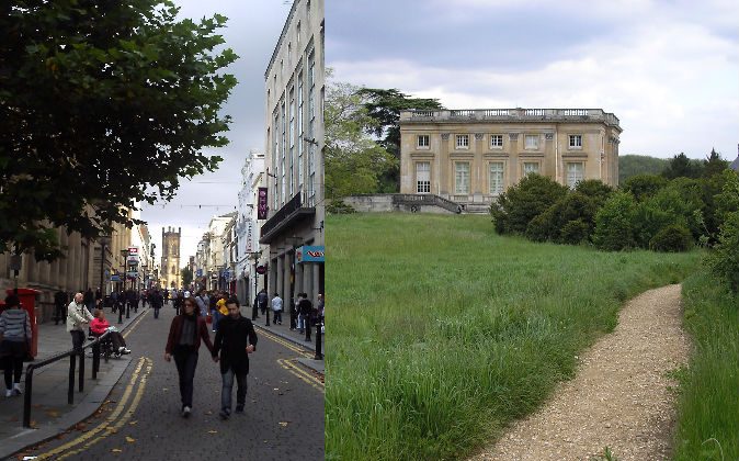 Left: Bold Street in Liverpool, England, where multiple incidences of traveling back in time have been reported. Right: The Petit Trianon in Versailles where the two ladies purportedly traveled back in time in 1901. (Wikimedia Commons)