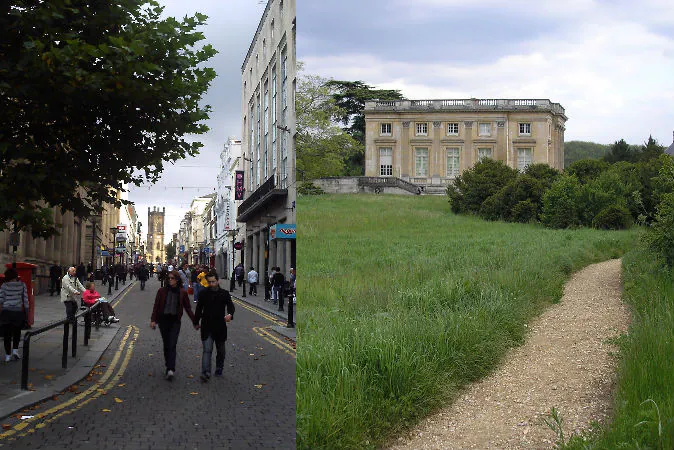 Left: Bold Street in Liverpool, England, where multiple incidences of traveling back in time have been reported. Right: The Petit Trianon in Versailles where the two ladies purportedly traveled back in time in 1901. (Wikimedia Commons)