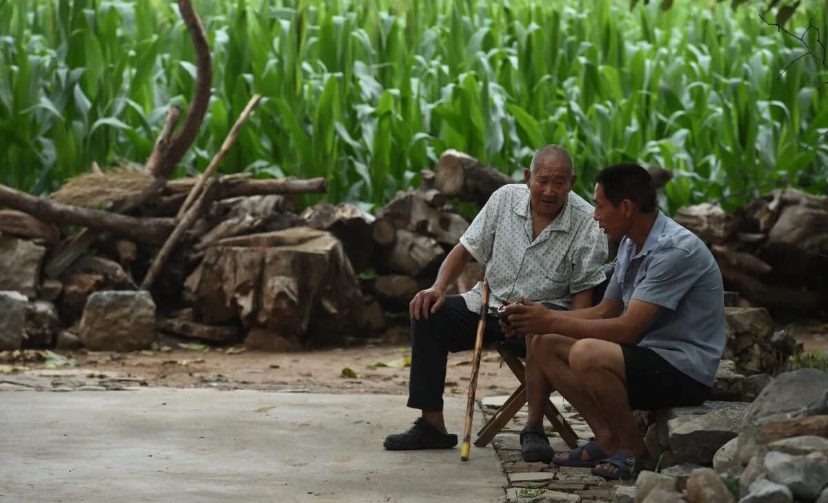 Two men listen to a portable radio near a corn field in Weijian Village, in China's Henan Province on July 30, 2014. (Greg Baker/AFP/Getty Images)