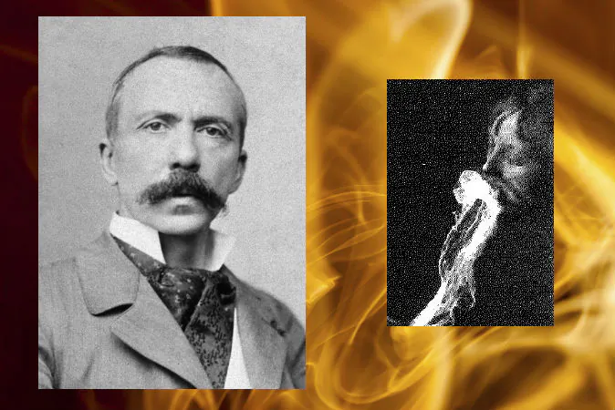 Left: Charles Robert Richet, 1905. (Wikimedia Commons) Right: Alleged emission and re-absorption of ectoplasm by a medium, observed by German physician and psychiatrist Albert Freiherr von Schrenck-Notzing in 1913. Background: A concept image of ectoplasm. (Thinkstock)
