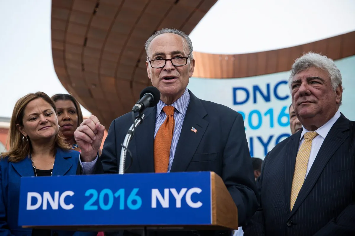 U.S. Sen. Chuck Schumer (D-NY) speaks at a press conference pitching the borough of Brooklyn to host the 2016 Democratic National Convention (DNC) outside the Barclay Center on August 11, 2014 in the Brooklyn borough of New York City. Brooklyn will have to compete for the DNC alongside other cities including Philadelphia, PA and Columbus, OH. (Photo by Andrew Burton/Getty Images)