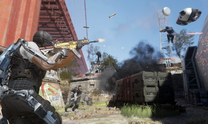 This image released by Activision shows a scene from "Call of Duty: Advanced Warfare," the latest installment of Activision Blizzard’s wildly successful shoot-'em-up franchise. "Advanced Warfare," scheduled for release Nov. 4, is setting the 10-year-old military series' sights squarely on the future. (AP Photo/Activision)
