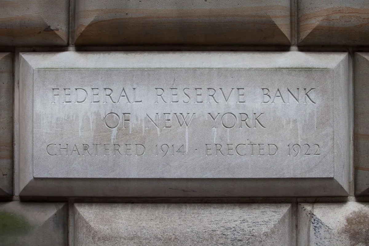 A cornerstone in the Federal Reserve Bank of New York building is seen on July 29, 2011 in New York City. (Photo by Andrew Burton/Getty Images)