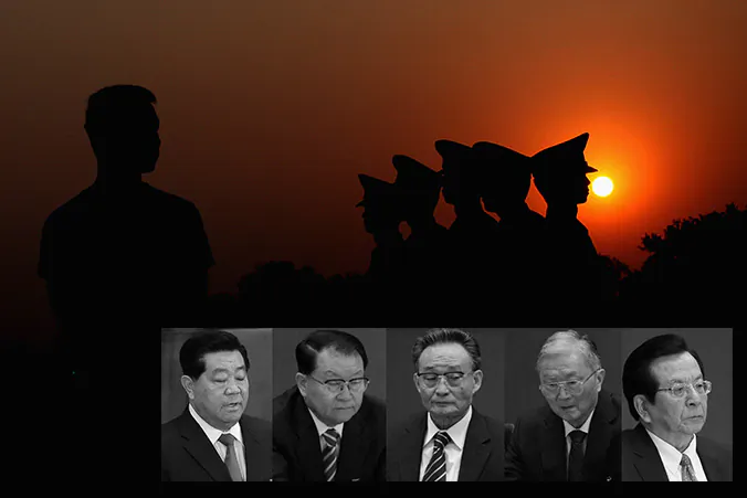Epoch Times composite photo, (L-R), Jia Qinglin, Li Changchun, Wu Bangguo, Luo Gan, Zeng Qinghong. Background: Chinese paramilitary police guard as plainclothes policeman standing by before the customary ceremony of lowering flag at Tiananmen Square on May 17, 2012 in Beijing, China. (Feng Li/Getty Images)