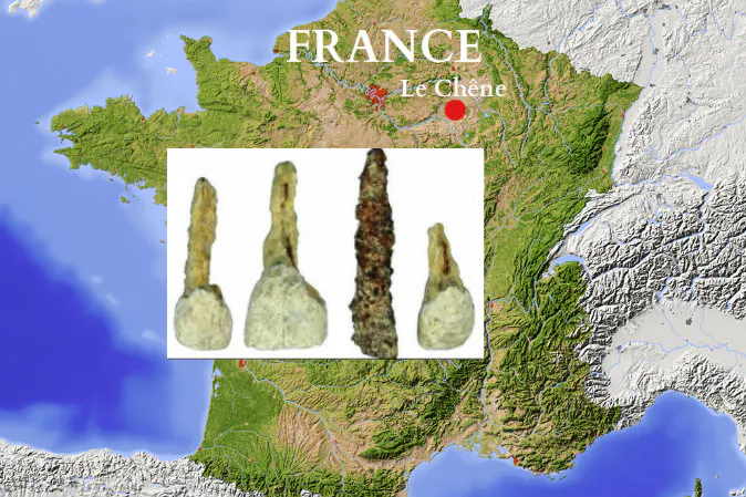 Photo of dental implants (Screenshot/GeoBeats News/YouTube), believed to be 2300-years-old, were discovered in a furnished burial chamber in Le Chêne, France. (Shutterstock*)
