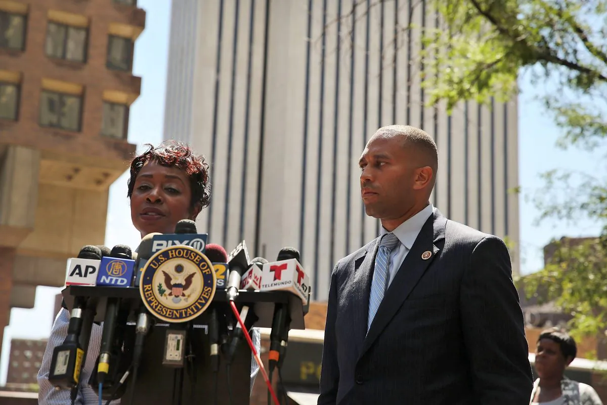 House Representatives from New York Yvette Clarke and Hakeem Jeffries call for a federal investigation of the death of Eric Garner at One Police Plaza on August 14, 2014 in Manhattan. (Spencer Platt/Getty Images)