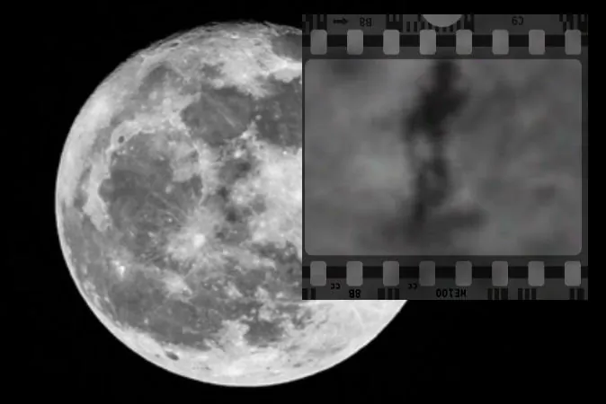 A shadowy figure said by some to resemble an extraterrestrial, said by others to be a glitch in NASA's imaging or explainable by other means. (Screenshot/Google Moon/Background image of moon via Thinkstock)