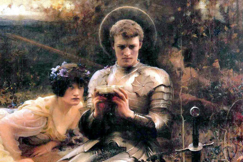 Sir Percival is depicted holding the Holy Grail as a devil disguised as a woman tries to tempt him, in this painting by Arthur Hacker, painted in 1894. (Wikimedia Commons)