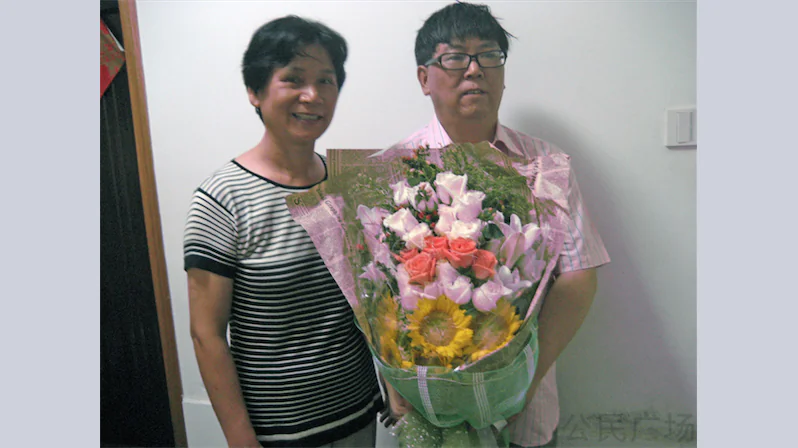 Lü Gengsong and his wife, Wang Xue'e, after his release from prison in August 2011. Lü, a veteran Chinese democracy activist and scholar, has been charged with subverting state power and faces additional prison time. (Chinese Human Rights Defenders)