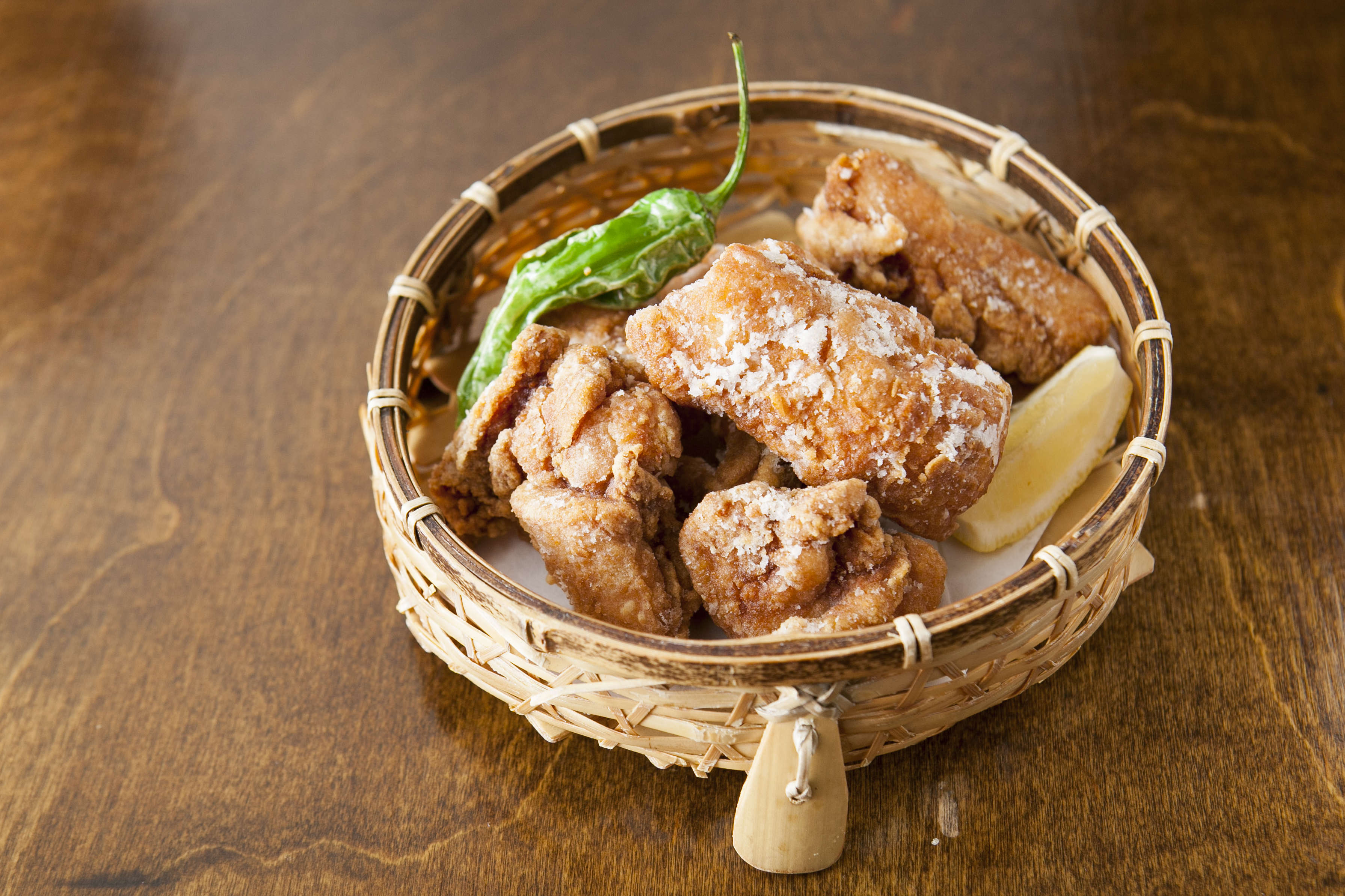Soy sauce-marinated chicken, coated in potato starch.