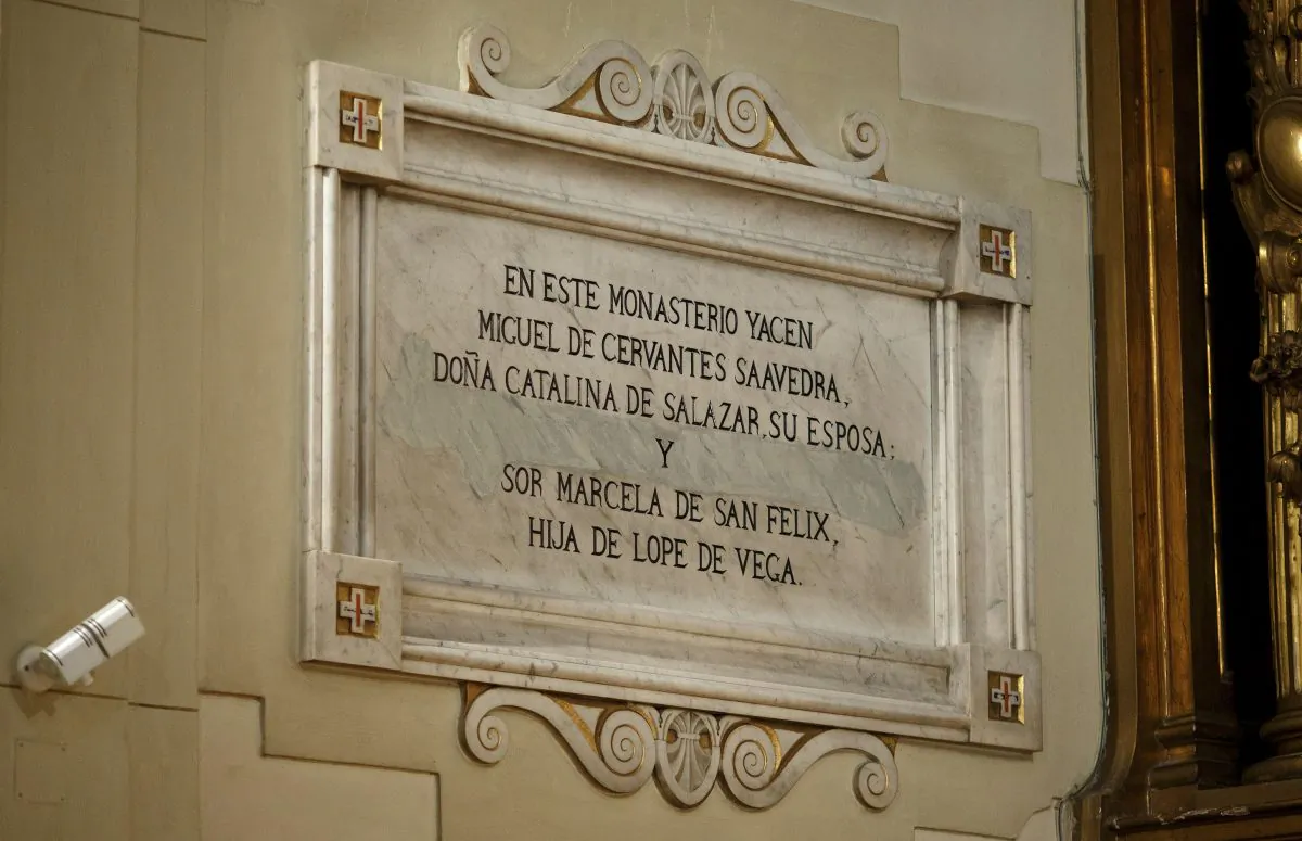 A plaque on the wall reads 'Miguel de Cervantes Saavedra, his wife Mrs Catalina de Salazar and Lope de Vega's daughter Sor Marcela de San Felix lie in this monastery, Madrid, Spain. (Pablo Blazquez Dominguez/Getty Images)