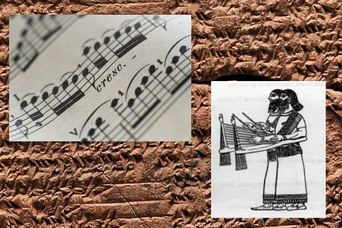 Right: Right: An example of the type of instrument that would have been used to play the Hurrian hymn, a rendering of an ancient Babylonian santur. (Wikimedia Commons) Left: Sheet music (Thinkstock) Background: Cuneiform tablet (Shutterstock*)