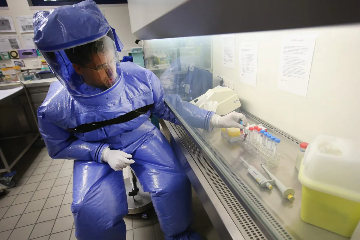 A doctor for tropical medicine prepares a blood sample for analysis during a demonstration for the media of ebola treatment capabilities at Station 59 at Charite hospital in Berlin, Germany, on August 11, 2014. (Sean Gallup/Getty Images)