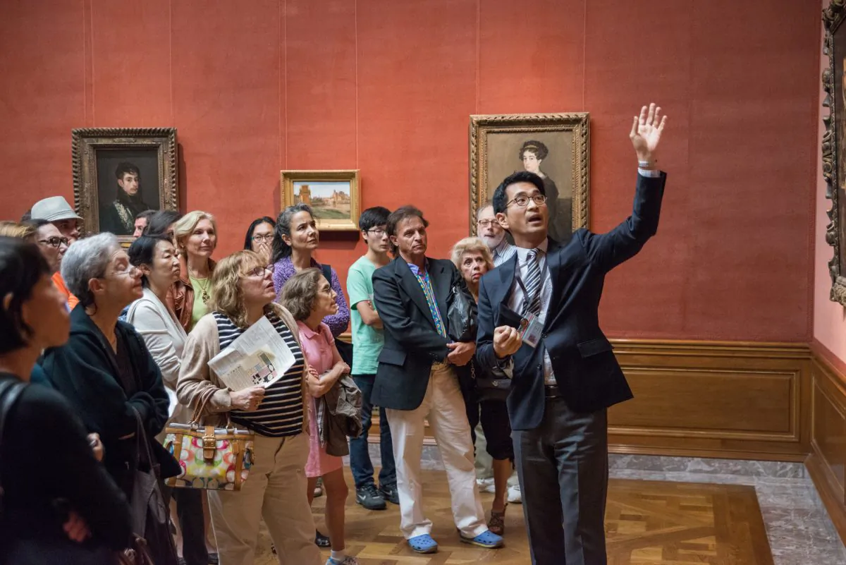 Curatorial assistant Jeongho Park gives a gallery talk about the Men in Armor exhibit at the Frick Collection, Aug. 15. (Lucas Chilczuk)
