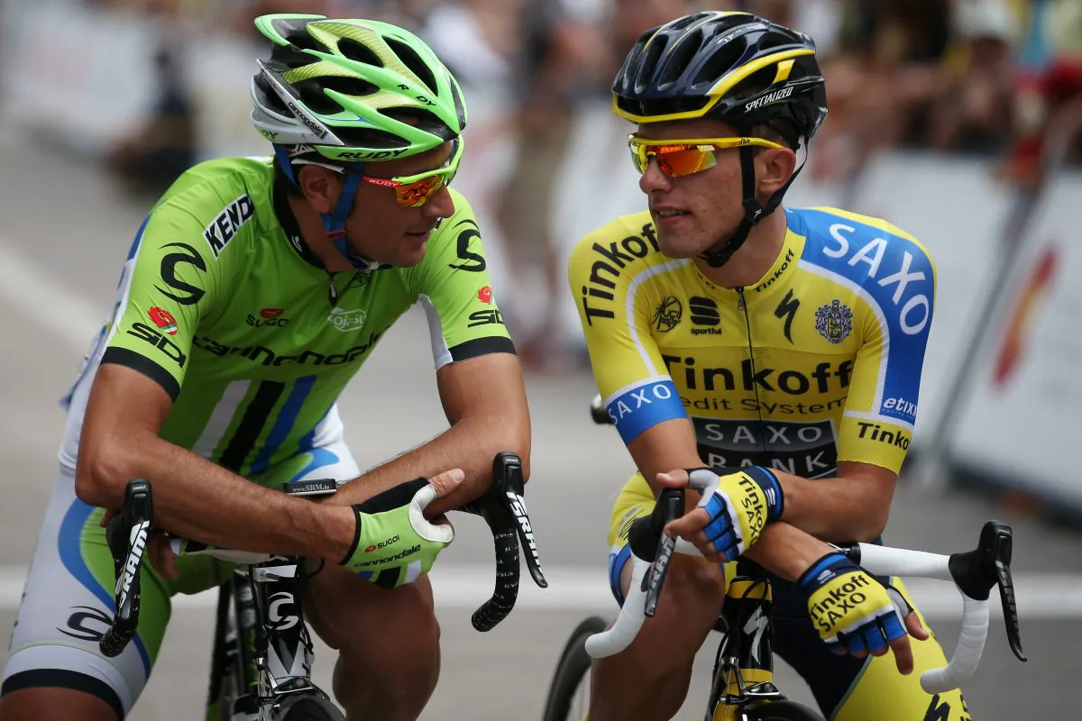 Ivan Basso of Cannondale chats with future teammate Rafal Majka of Tinkoff-Saxo during Stage One of the 2014 USA Pro Challenge on August 18, 2014 in Aspen, Colorado. (Chris Graythen/Getty Images)