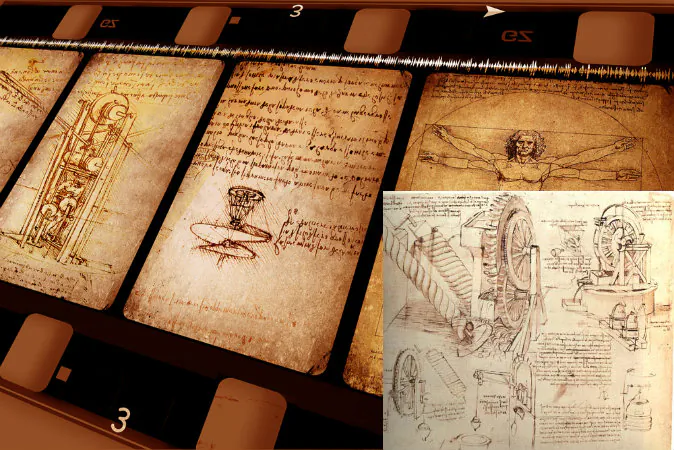 Background: Vintage art showing drawings by Leonardo Da Vinci. (Shutterstock*) Bottom right: Drawing of Leonardo Da Vinci's water lifting devices. (Sailko via wikimedia commons)