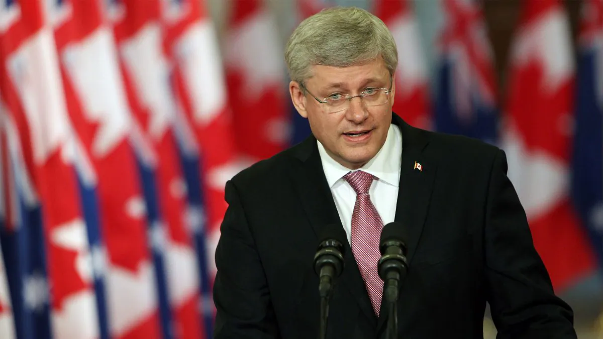 Canadian Prime Minister Stephen Harper addresses media alongside Australian Prime Minister Tony Abbott (not pictured) during a joint press conference in Parliament Hill in Ottawa, Canada on June 9, 2014. (Cole Burston/AFP/Getty Images)