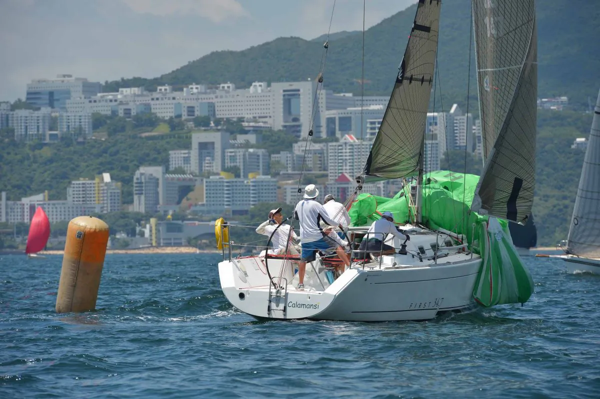 ‘Calamansi’ Line Honours winner and winner on handicap of re-sail Race-2 of the Quest Yachting typhoon Series at Port Shelter on Sunday Aug 17, 2014. Calamansi also took Line Honours in the Islands race that followed. (Bill Cox/Epoch Times)