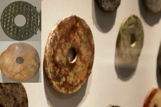 Main Image: Jade discs, from China, that resemble modern-day CD's or donuts, and date to the late Neolithic Period, Liangzhu culture (3300-2250 BC), on display at the Smithsonian's Freer and Sackler galleries in Washington, D.C. (Screenshot/National Geographic/YouTube); Left: Two Jade discs. (Hiart via wikimedia commons).