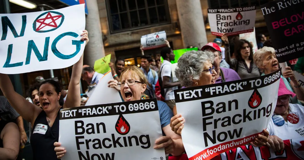 Protesters demand a statewide ban on fracking outside of a Manhattan hotel where Gov. Cuomo was attending a Democratic Party event in New York on June 30, 2014. (Andrew Burton/Getty Images)