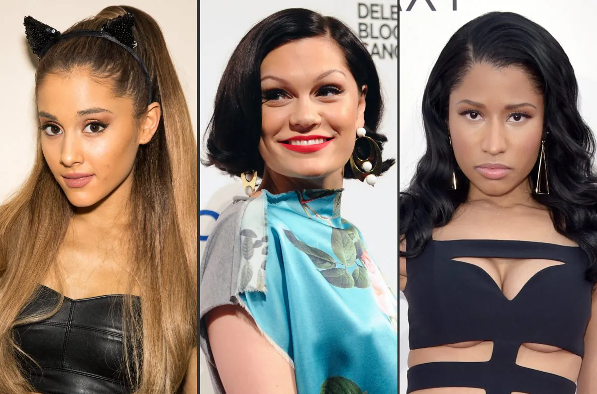 This combo made from file photos shows, from left, Ariana Grande, Jessie J, and Nicki Minaj. The trio will kick off Sundays MTV Video Music Awards with their new song "Bang, Bang." (Photos by Omar Vega/Evan Agostini/John Shearer/Invision/AP, File)