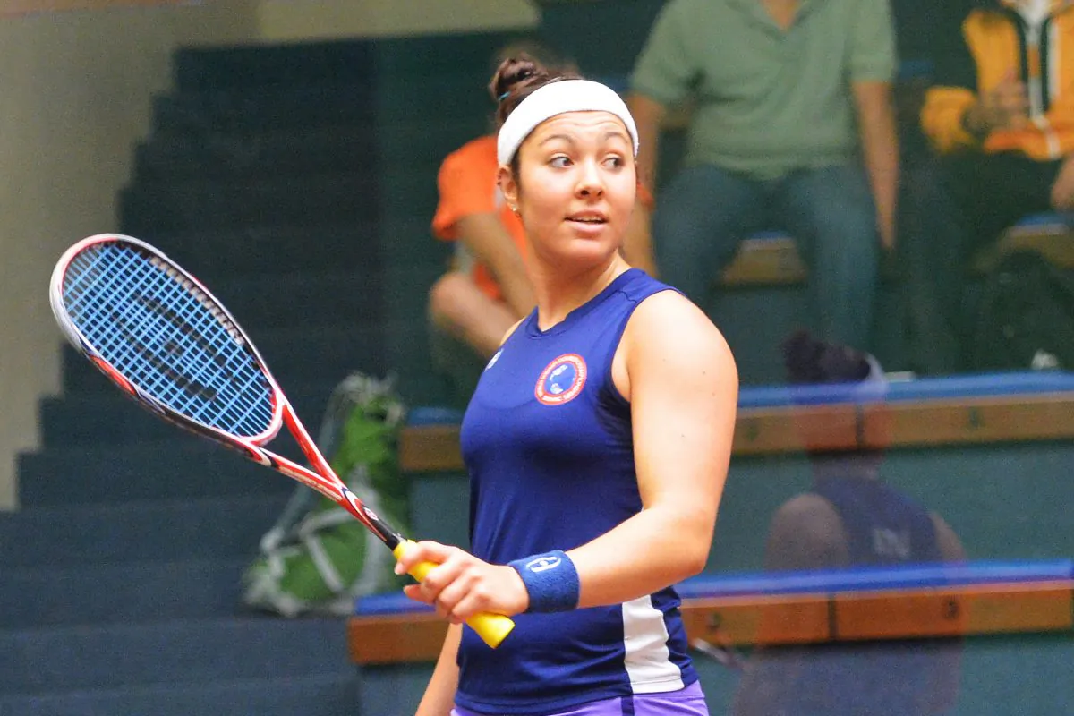 Amanda Sobhy on court during her successful bit to win the Buler Squash Challenge in Hong Kong, 07 July, 2013. (Bill Cox/Epoch Times)