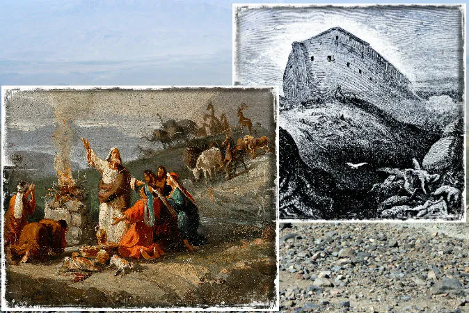 Left: Noah giving thanks for surviving the flood, painted by Domenico Morelli in 1901. (Wikimedia Commons) Right: An engraving of Noah’s Ark (Shutterstock*) Background: Mount Agri (Ararat), the highest mountain in Turkey, is where some say Noah’s Ark may be found. (Shutterstock*)