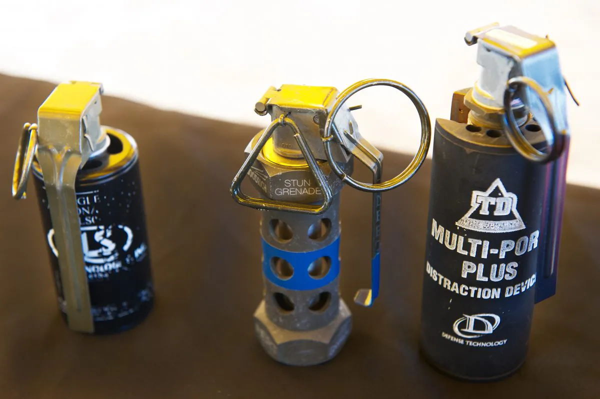 Non-lethal flash-bang/stun grenades on display during a media event showing non-lethal weapons at the US Marines Corps Base Quantico base in Virginia March 9, 2012. (Paul J. Richards/AFP/Getty Images)