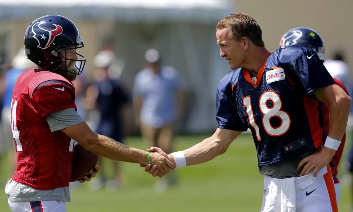 Houston Texans quarterback Ryan Fitzpatrick (14) and Denver Broncos quarterback Peyton Manning (18) shake hands following a joint practice between the Denver Broncos and the Houston Texans on Wednesday, Aug. 20, 2014, in Englewood, Colo. (AP Photo/Jack Dempsey)