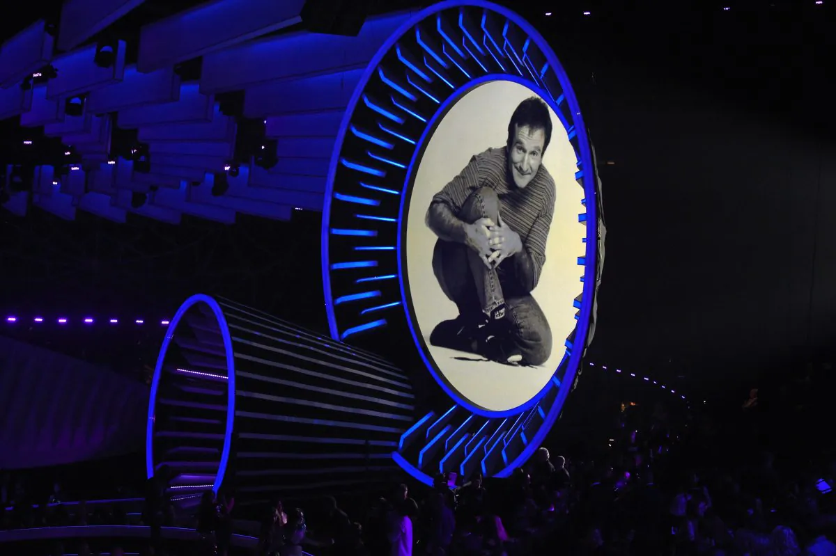 A tribute to late actor Robin Williams on stage at the MTV Video Music Awards (VMA), August 24, 2014 at The Forum in Inglewood, California. (ROBYN BECK/AFP/Getty Images)