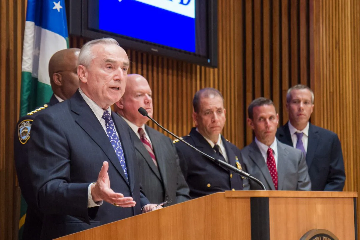 NYC Commissioner William J. Bratton, announcing largest indicted gang case in NYC history at the NYPD headquarters, in Manhattan, on June 4, 2014. (Benjamin Chasten/Epoch Times)