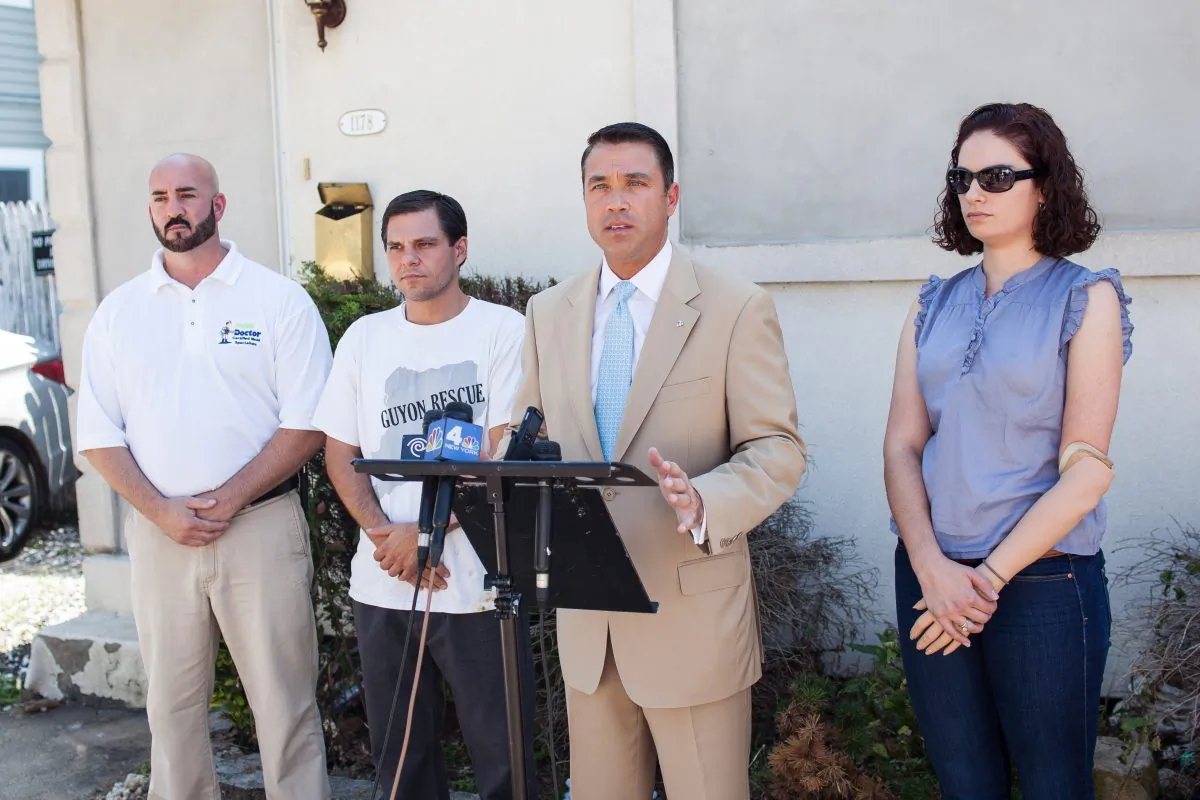 Congressman Michael Grimmm speaks about Sandy recovery during a press conference on Staten Island, New York, Aug. 27, 2014. (Petr Svab/Epoch Times)