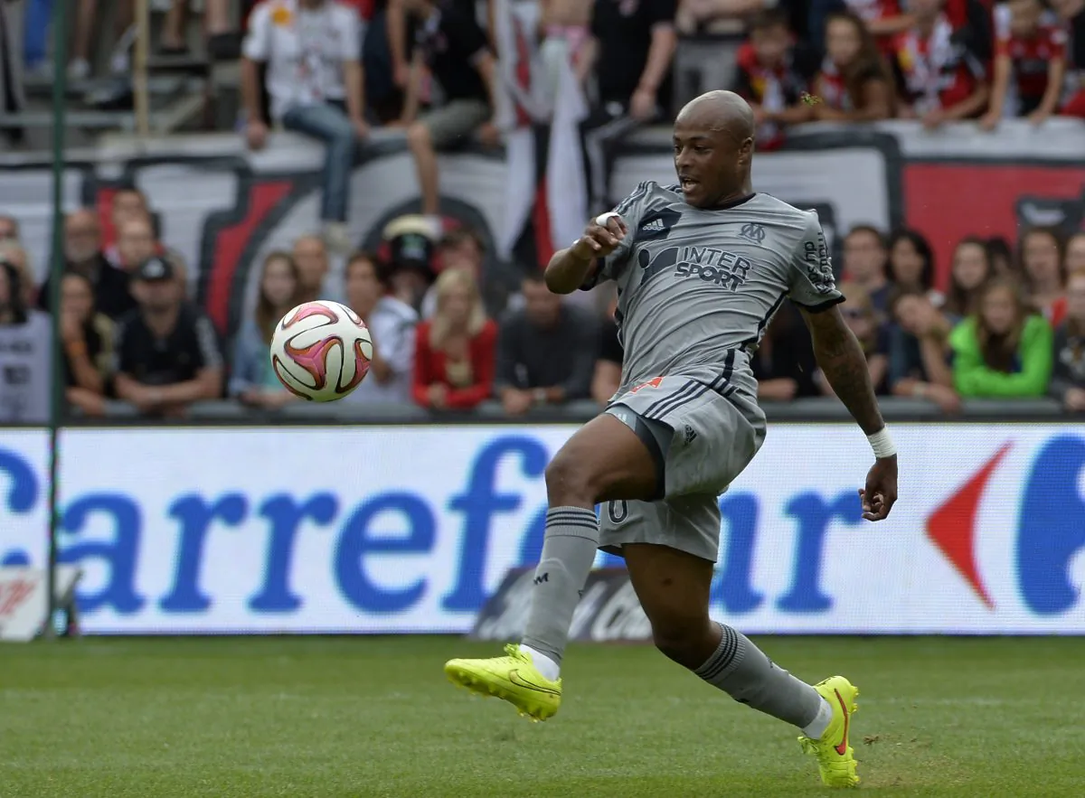 Marseille's Ghanaian forward Andre Ayew controls the ball during the French L1 football match Guingamp (EAG) vs Olympique de Marseille, on August 23, 2014 at the Roudourou stadium in Guingamp. (MIGUEL MEDINA/AFP/Getty Images)