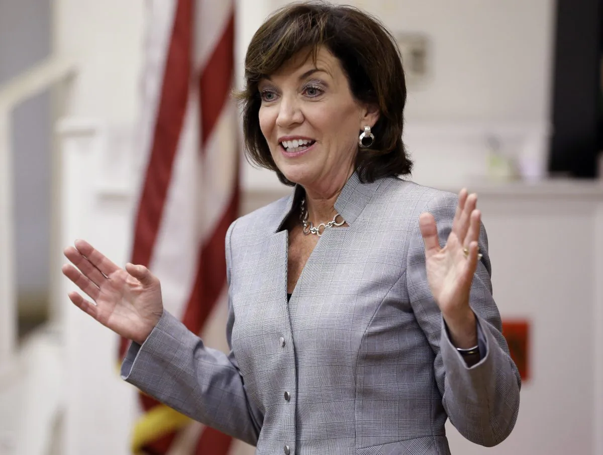 In this Aug. 6, 2014 file photo, New York state Lt. Gov. candidate Kathy Hochul speaks to an audience while attending the New Kings Democrats Meeting in the Brooklyn borough of New York. Hochul is facing a primary challenge from Columbia University law professor Tim Wu. (AP Photo/Frank Franklin II, File)